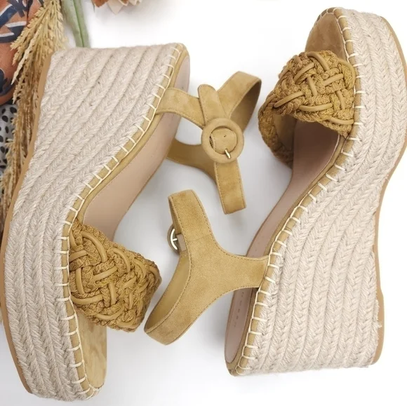 New Veronica Beard Mustard Tan Reema Platform Espadrille Sandals Size 10 - Picture 8 of 14